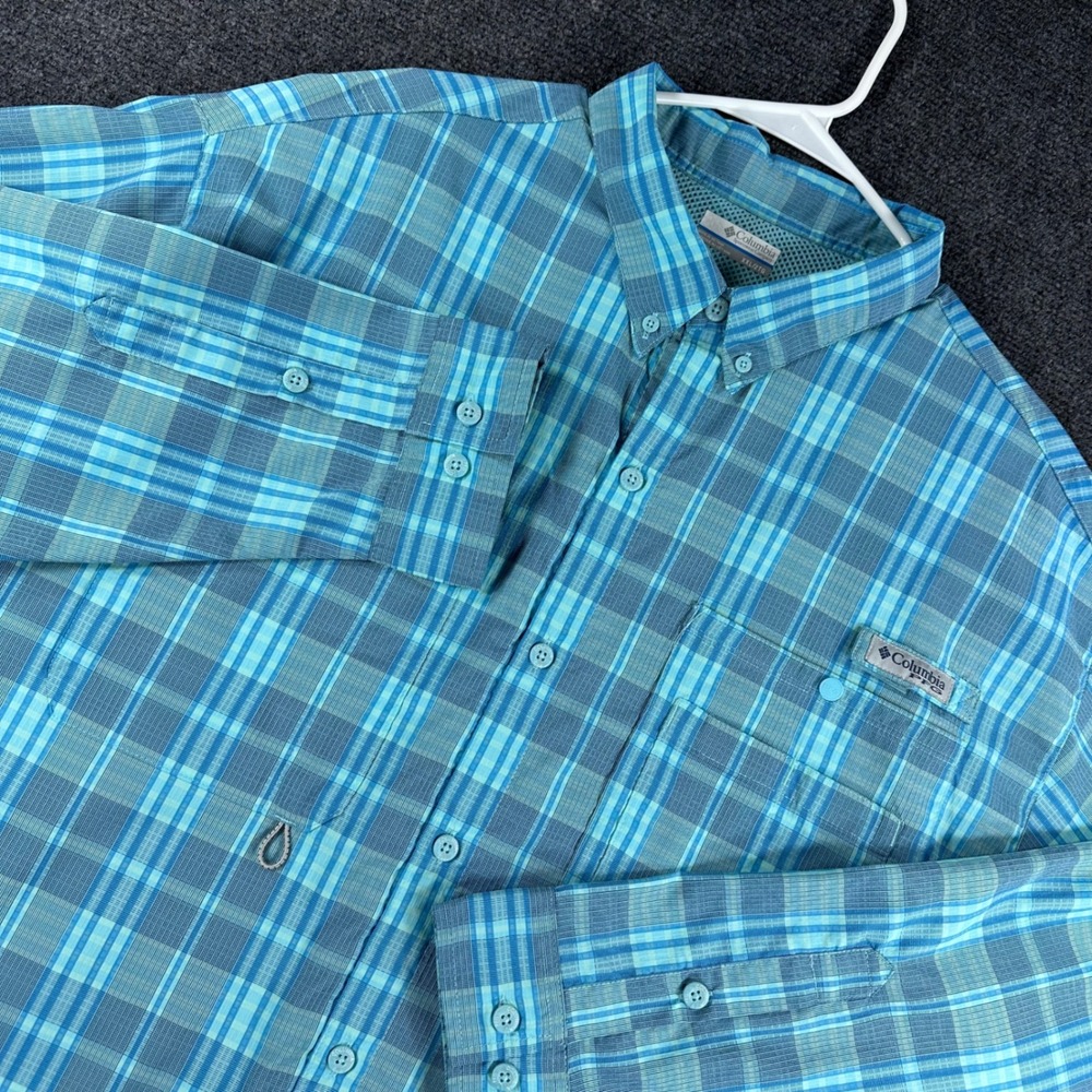 Columbia PFG Shirt Mens XXL 2XL Blue Plaid Long Sleeve Fishing Omni-Shade